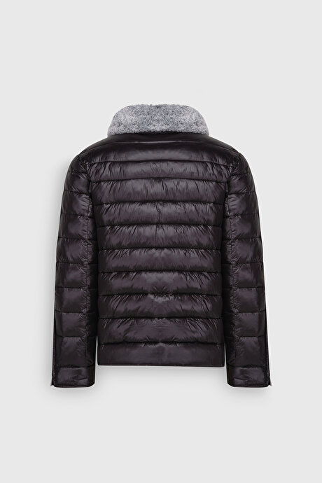 Standart Fit Normal Kesim İçi Kürklü Dik Yaka Kapitone Desenli Şişme Siyah Mont resmi