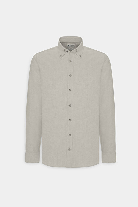 Slim Fit Dar Kesim Düğmeli Yaka Pamuklu Oxford Bej Gömlek resmi