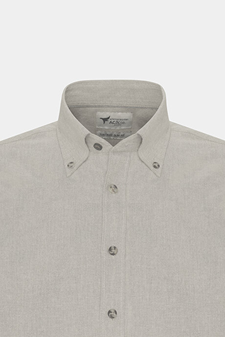Slim Fit Dar Kesim Düğmeli Yaka Pamuklu Oxford Bej Gömlek resmi