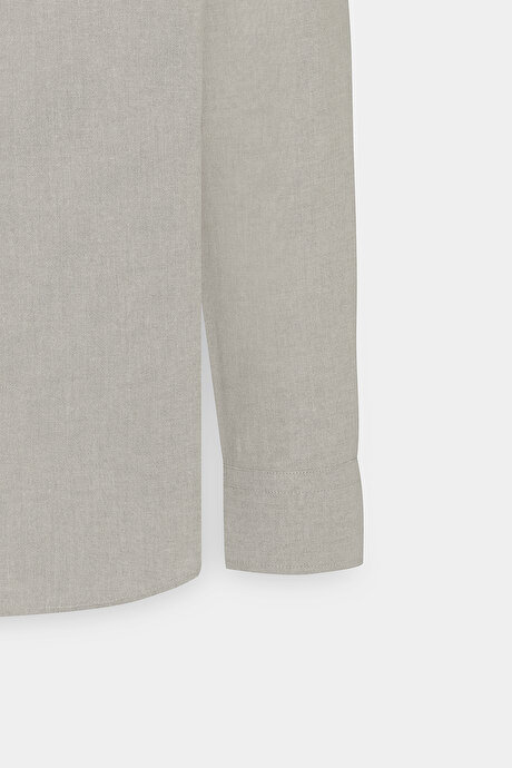 Slim Fit Dar Kesim Düğmeli Yaka Pamuklu Oxford Bej Gömlek resmi