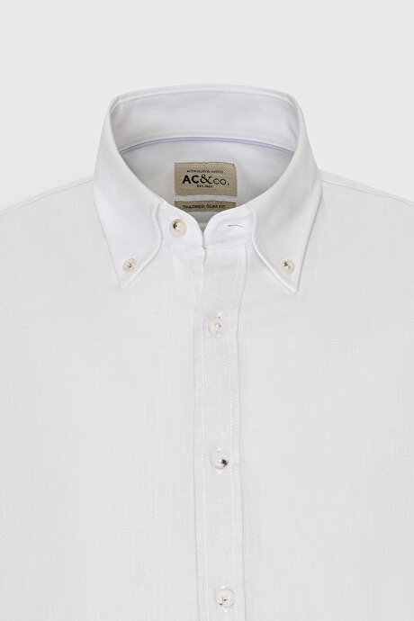 Slim Fit Dar Kesim Düğmeli Yaka Pamuklu Oxford Beyaz Gömlek resmi