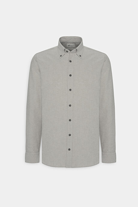 Slim Fit Dar Kesim Düğmeli Yaka Pamuklu Oxford Haki Gömlek resmi