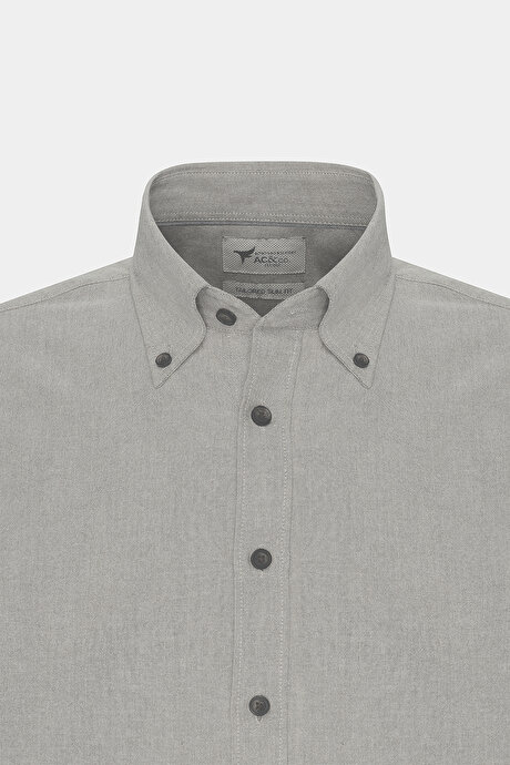 Slim Fit Dar Kesim Düğmeli Yaka Pamuklu Oxford Haki Gömlek resmi