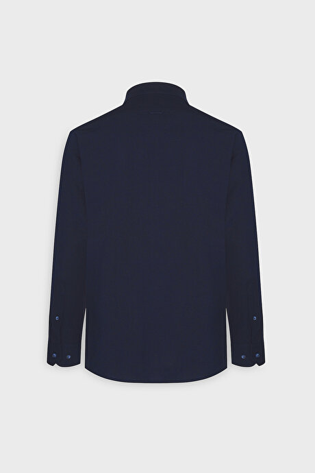 Slim Fit Dar Kesim Düğmeli Yaka Pamuklu Oxford Koyu Lacivert Gömlek resmi