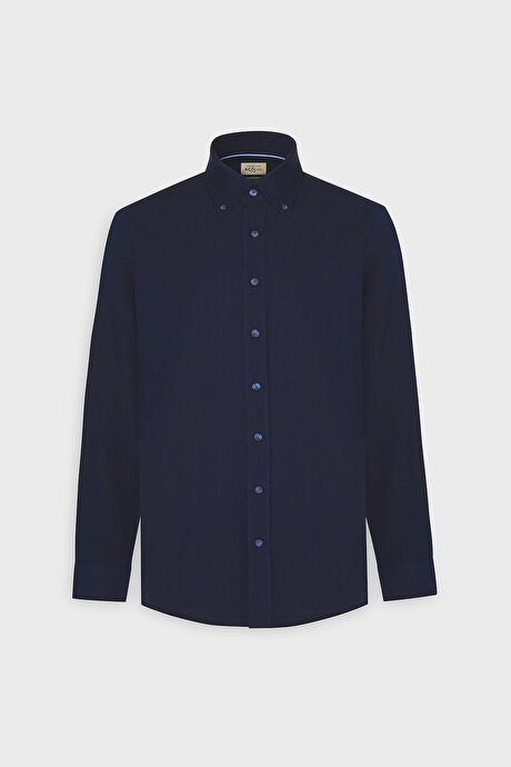 Slim Fit Dar Kesim Düğmeli Yaka Pamuklu Oxford Koyu Lacivert Gömlek resmi
