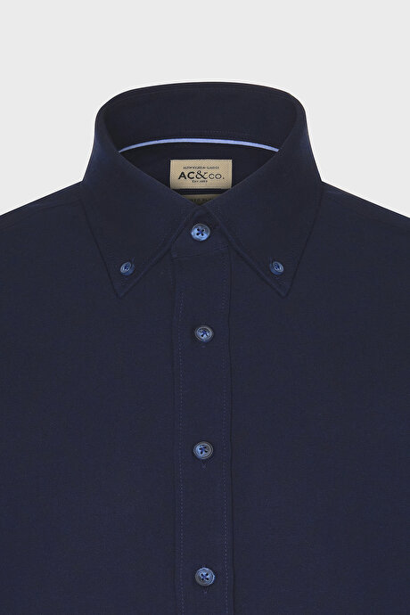 Slim Fit Dar Kesim Düğmeli Yaka Pamuklu Oxford Koyu Lacivert Gömlek resmi
