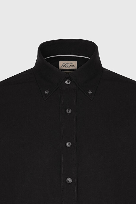 Slim Fit Dar Kesim Düğmeli Yaka Pamuklu Oxford Siyah Gömlek resmi