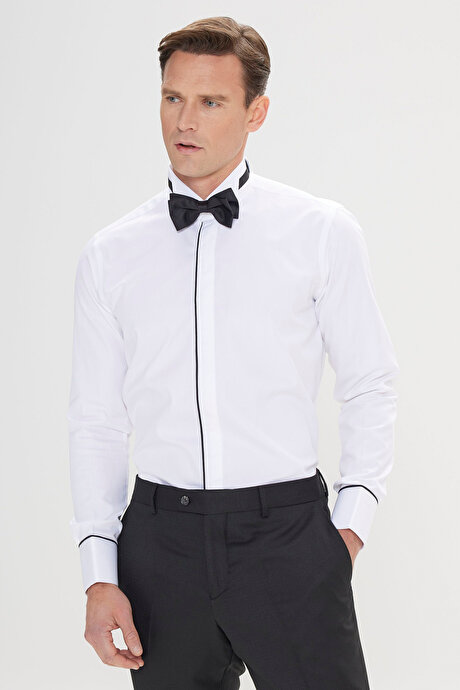 Slim Fit Dar Kesim Ata Yaka %100 Pamuk Beyaz Gömlek resmi