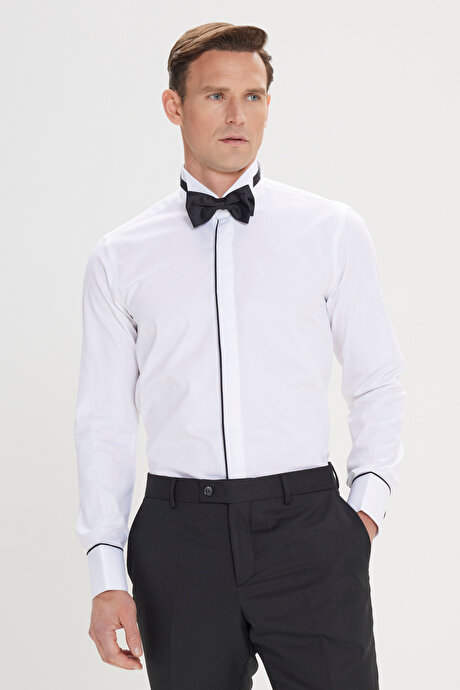 Slim Fit Dar Kesim Ata Yaka %100 Pamuk Beyaz Gömlek resmi
