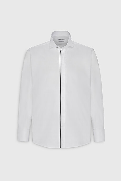 Slim Fit Dar Kesim Ata Yaka %100 Pamuk Beyaz Gömlek resmi