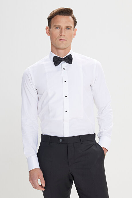 Slim Fit Dar Kesim Ata Yaka %100 Pamuk Beyaz Gömlek resmi
