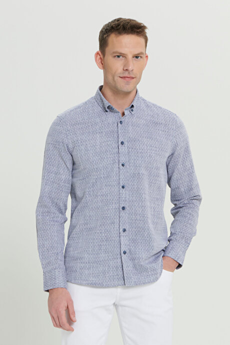 Slim Fit Dar Kesim %100 Pamuk Düğmeli Yaka Armürlü Lacivert Gömlek resmi