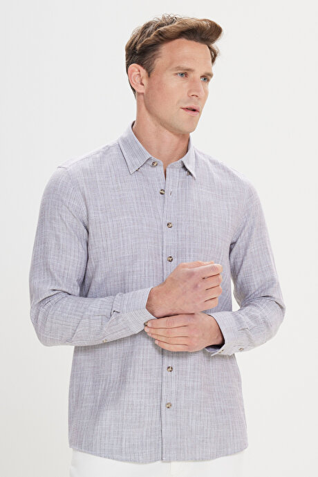 %100 Pamuk Flamlı Slim Fit Dar Kesim Gizli Düğmeli Yaka Kahverengi Gömlek resmi