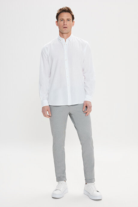 Comfort Fit Rahat Kesim Düğmeli Yaka Casual Keten Beyaz Gömlek resmi