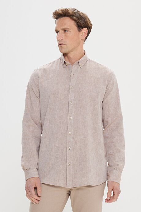 Comfort Fit Rahat Kesim Düğmeli Yaka Casual Keten Camel Gömlek resmi
