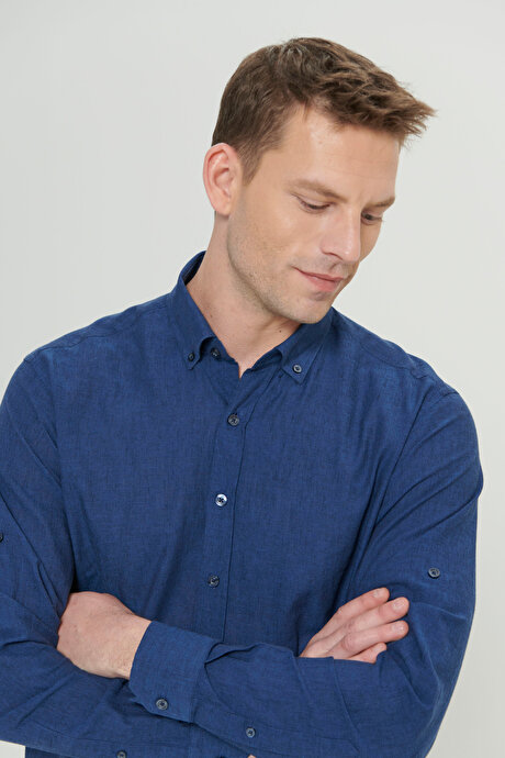 Comfort Fit Rahat Kesim Düğmeli Yaka Casual Keten İndigo Gömlek resmi