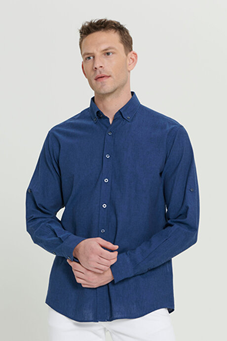 Comfort Fit Rahat Kesim Düğmeli Yaka Casual Keten İndigo Gömlek resmi
