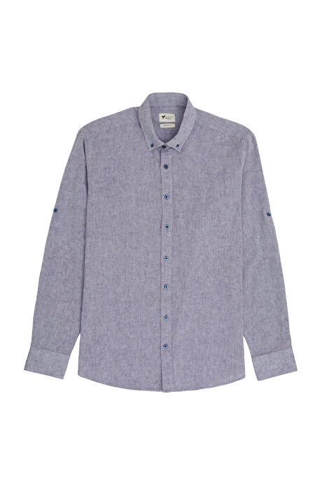 Comfort Fit Rahat Kesim Düğmeli Yaka Casual Keten Lacivert Gömlek resmi