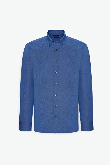 Slim Fit Dar Kesim %100 Pamuk Düğmeli Yaka Oxford Mavi Gömlek resmi