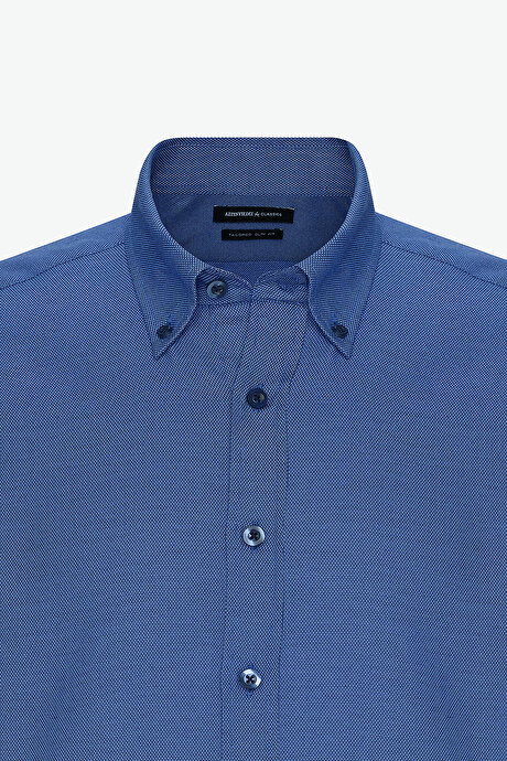Slim Fit Dar Kesim %100 Pamuk Düğmeli Yaka Oxford Mavi Gömlek resmi