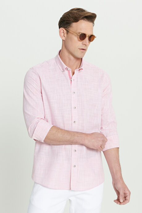 %100 Pamuk Flamlı Slim Fit Dar Kesim Düğmeli Yaka Bordo Gömlek resmi