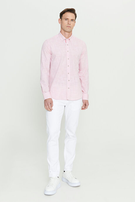 %100 Pamuk Flamlı Slim Fit Dar Kesim Düğmeli Yaka Bordo Gömlek resmi
