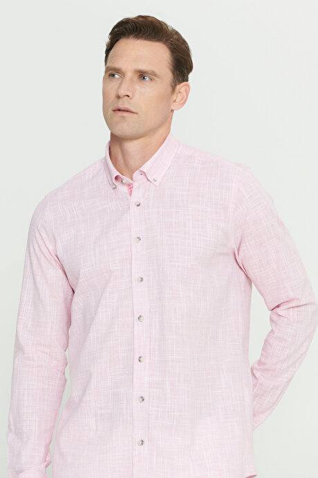 %100 Pamuk Flamlı Slim Fit Dar Kesim Düğmeli Yaka Bordo Gömlek resmi