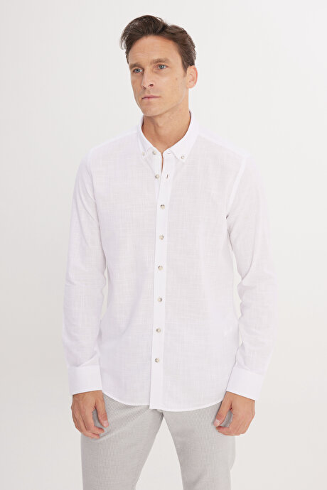 %100 Pamuk Flamlı Slim Fit Dar Kesim Düğmeli Yaka Beyaz Gömlek resmi