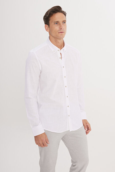 %100 Pamuk Flamlı Slim Fit Dar Kesim Düğmeli Yaka Beyaz Gömlek resmi