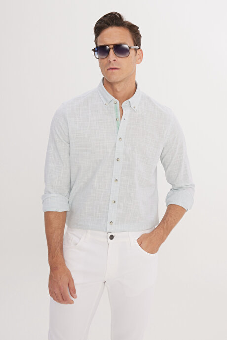 %100 Pamuk Flamlı Slim Fit Dar Kesim Düğmeli Yaka Haki Gömlek resmi