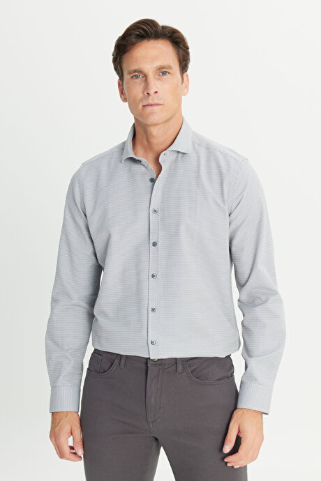 Slim Fit Dar Kesim Klasik Yaka Pamuklu Armürlü Gri Gömlek resmi