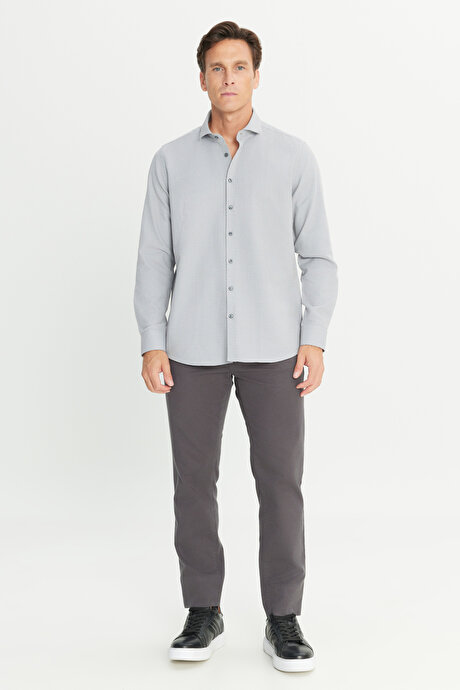 Slim Fit Dar Kesim Klasik Yaka Pamuklu Armürlü Gri Gömlek resmi