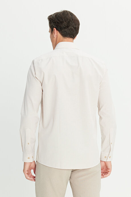 Slim Fit Dar Kesim Klasik Yaka Pamuklu Armürlü Beyaz-Vizon Gömlek resmi