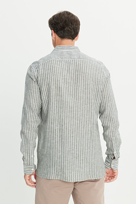 Slim Fit Dar Kesim Düğmeli Yaka Çizgili Beyaz-Haki Gömlek resmi