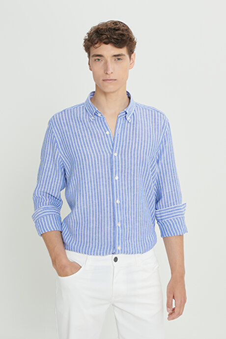 Slim Fit Dar Kesim Düğmeli Yaka Çizgili Beyaz-Lacivert Gömlek resmi