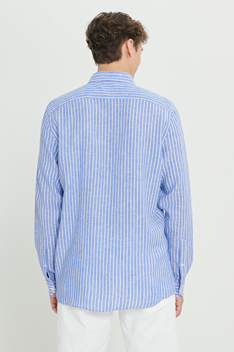 Slim Fit Dar Kesim Düğmeli Yaka Çizgili Beyaz-Lacivert Gömlek resmi
