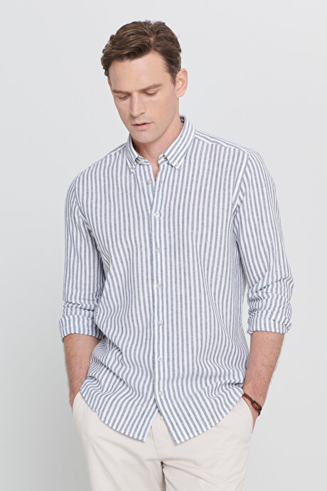 Slim Fit Dar Kesim Düğmeli Yaka Çizgili Keten Beyaz-Haki Gömlek resmi