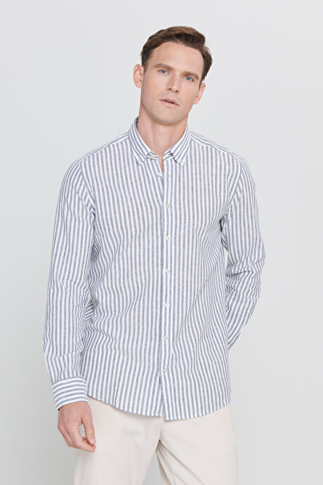 Slim Fit Dar Kesim Düğmeli Yaka Çizgili Keten Beyaz-Haki Gömlek resmi