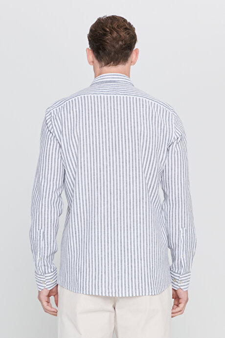 Slim Fit Dar Kesim Düğmeli Yaka Çizgili Keten Beyaz-Haki Gömlek resmi
