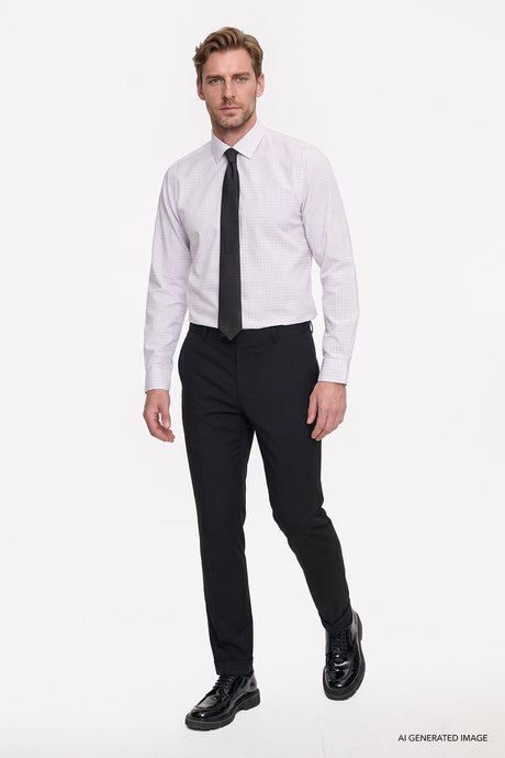 Ütü Gerektirmeyen %100 Pamuk Slim Fit Klasik Yaka Armürlü Gri-Beyaz Gömlek resmi