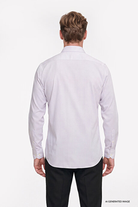 Ütü Gerektirmeyen %100 Pamuk Slim Fit Klasik Yaka Armürlü Gri-Beyaz Gömlek resmi