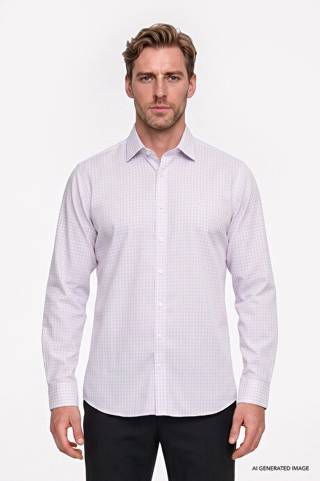 Ütü Gerektirmeyen %100 Pamuk Slim Fit Klasik Yaka Armürlü Gri-Beyaz Gömlek resmi