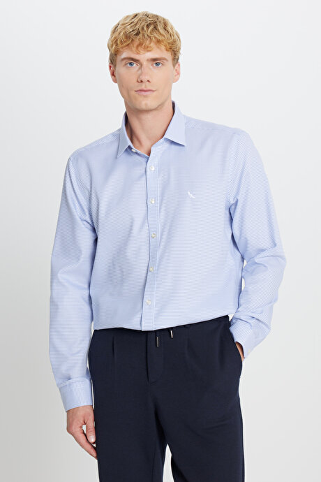 Non-Iron Ütü Gerektirmeyen %100 Pamuk Slim Fit Dar Kesim Klasik Yaka Armürlü Mavi-Gri Gömlek resmi