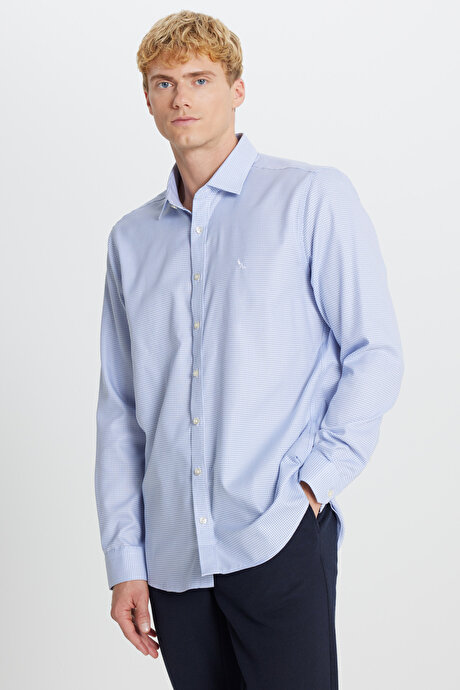 Non-Iron Ütü Gerektirmeyen %100 Pamuk Slim Fit Dar Kesim Klasik Yaka Armürlü Mavi-Gri Gömlek resmi