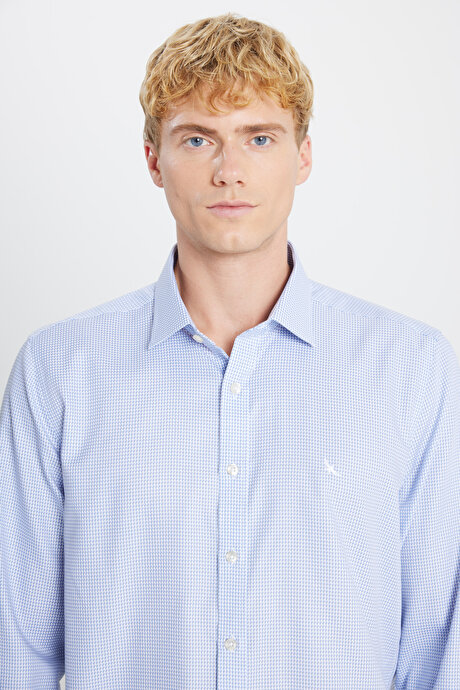 Non-Iron Ütü Gerektirmeyen %100 Pamuk Slim Fit Dar Kesim Klasik Yaka Armürlü Mavi-Gri Gömlek resmi