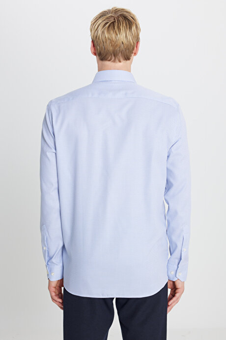 Non-Iron Ütü Gerektirmeyen %100 Pamuk Slim Fit Dar Kesim Klasik Yaka Armürlü Mavi-Gri Gömlek resmi