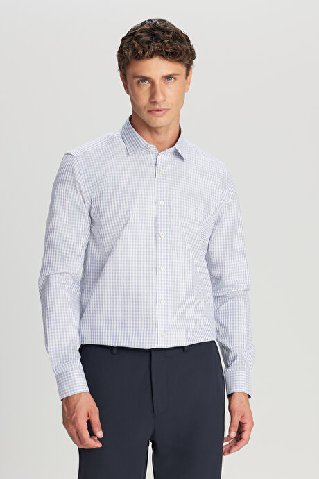 Non-Iron Ütü Gerektirmeyen %100 Pamuk Slim Fit Dar Kesim Klasik Yaka Armürlü Mavi-Beyaz Gömlek resmi