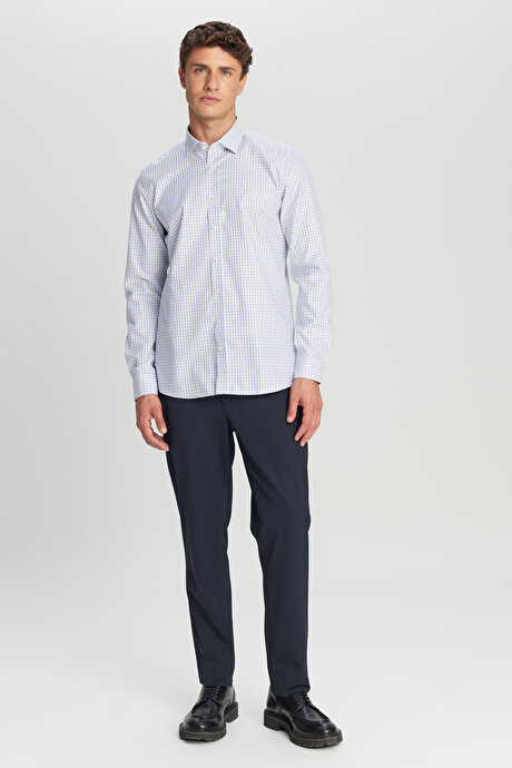 Non-Iron Ütü Gerektirmeyen %100 Pamuk Slim Fit Dar Kesim Klasik Yaka Armürlü Mavi-Beyaz Gömlek resmi