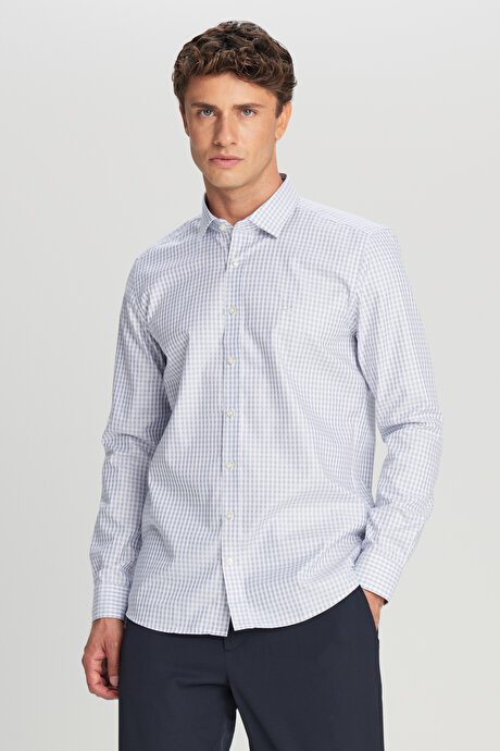 Non-Iron Ütü Gerektirmeyen %100 Pamuk Slim Fit Dar Kesim Klasik Yaka Armürlü Mavi-Beyaz Gömlek resmi
