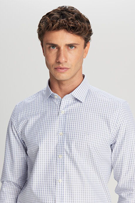 Non-Iron Ütü Gerektirmeyen %100 Pamuk Slim Fit Dar Kesim Klasik Yaka Armürlü Mavi-Beyaz Gömlek resmi